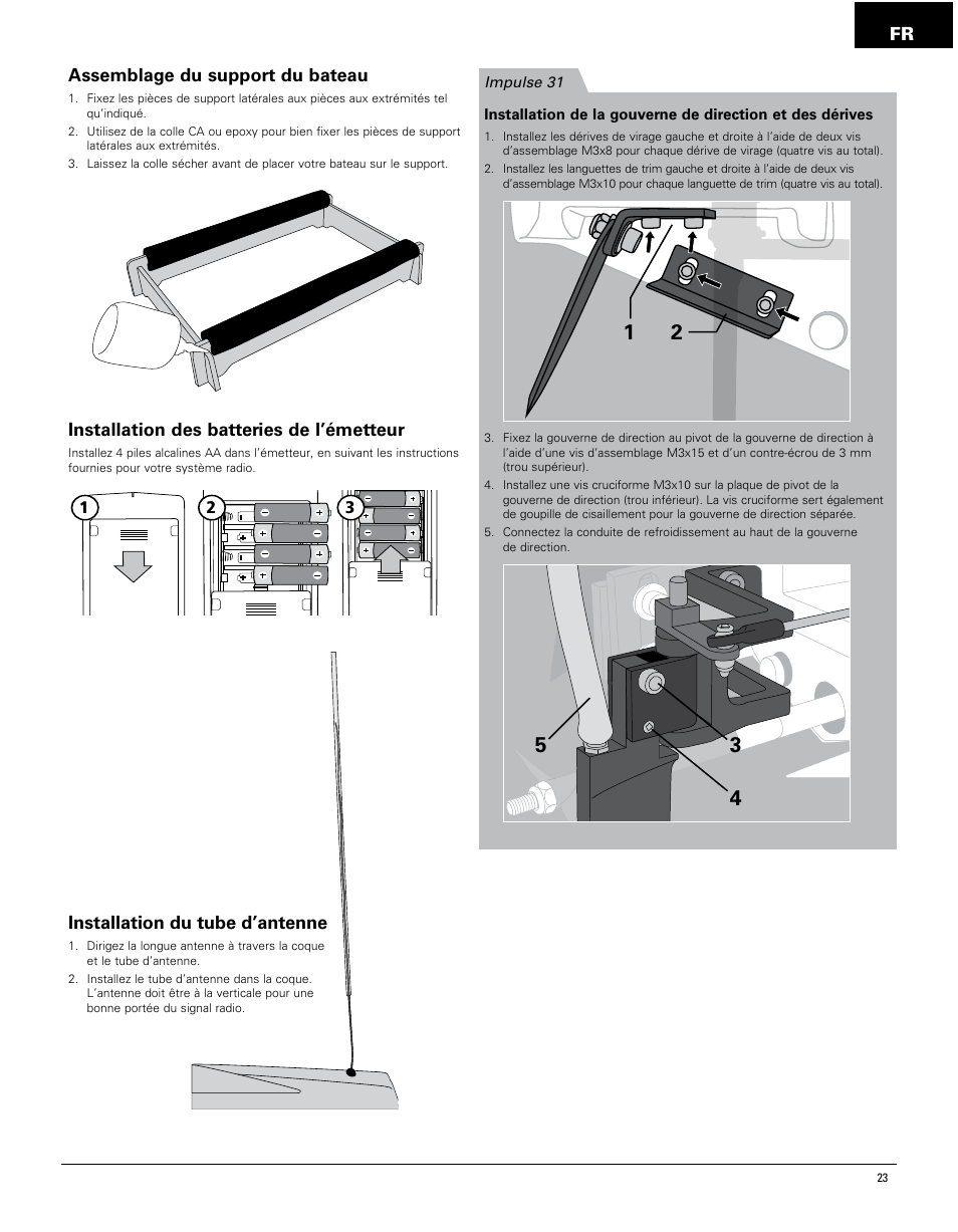 Installation du tube d’antenne, Assemblage du support du bateau, Installation des batteries de l’émetteur | Pro Boat PRB4250 User Manual | Page 23 / 40