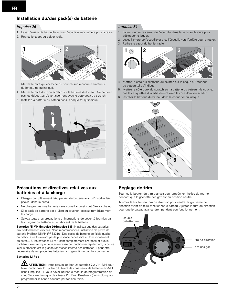 Fr installation du/des pack(s) de batterie, Réglage de trim | Pro Boat PRB4250 User Manual | Page 24 / 40