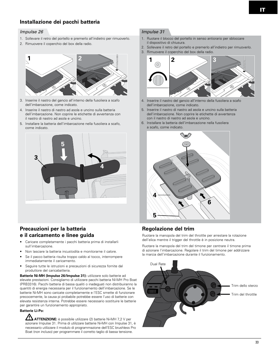 It installazione dei pacchi batteria, Regolazione del trim | Pro Boat PRB4250 User Manual | Page 33 / 40