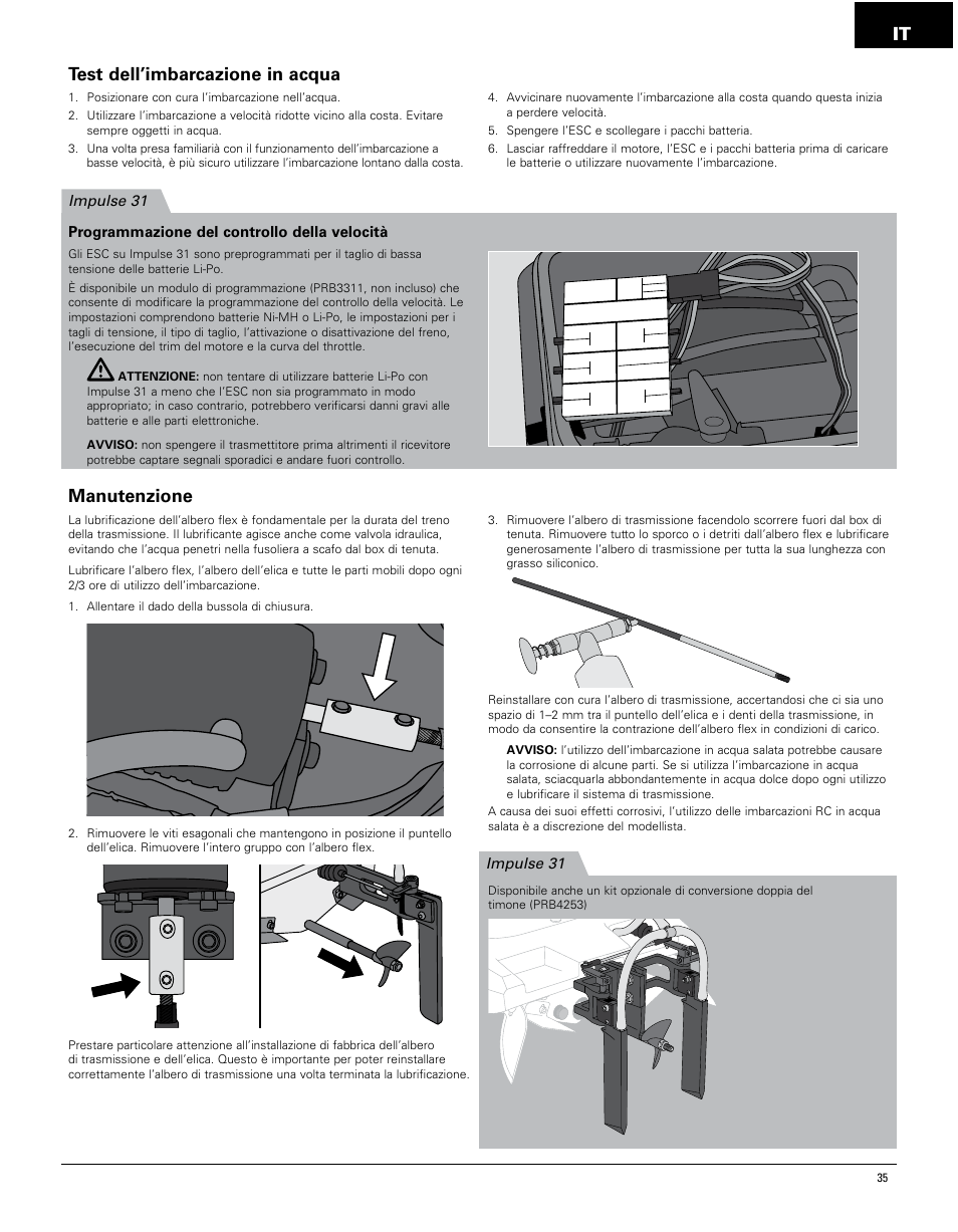 Test dell’imbarcazione in acqua, Manutenzione | Pro Boat PRB4250 User Manual | Page 35 / 40