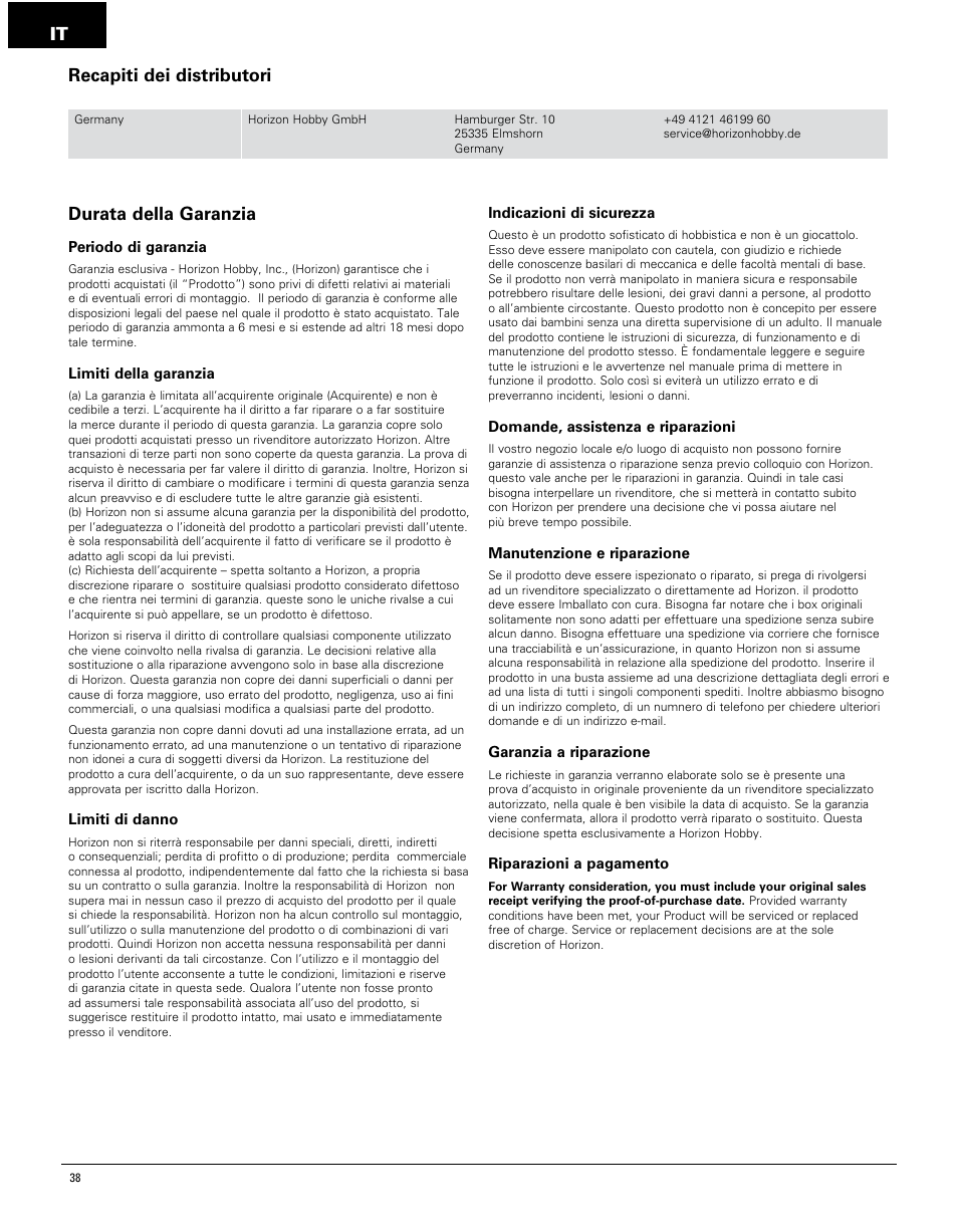 It durata della garanzia, Recapiti dei distributori | Pro Boat PRB4250 User Manual | Page 38 / 40