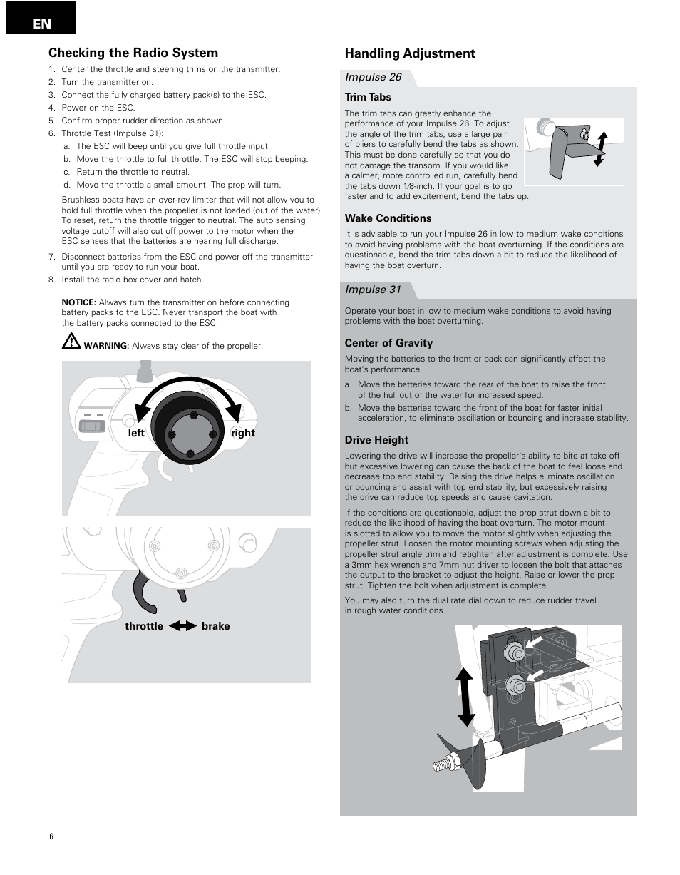 En handling adjustment, Checking the radio system | Pro Boat PRB4250 User Manual | Page 6 / 40