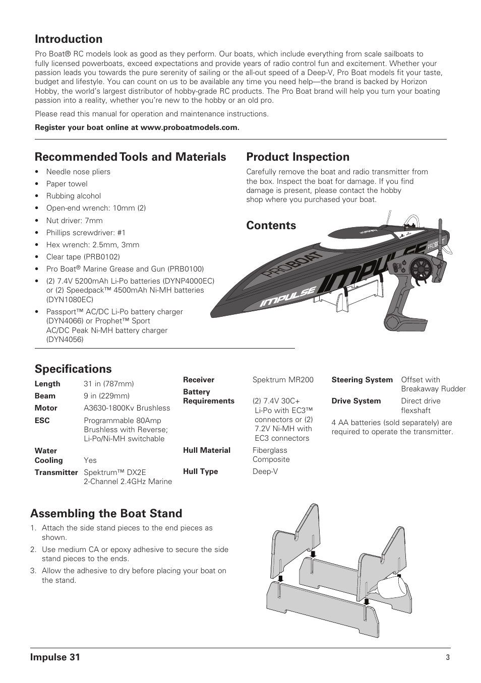 Specifications, Recommended tools and materials, Product inspection | Contents introduction, Assembling the boat stand | Pro Boat PRB4250B User Manual | Page 3 / 20
