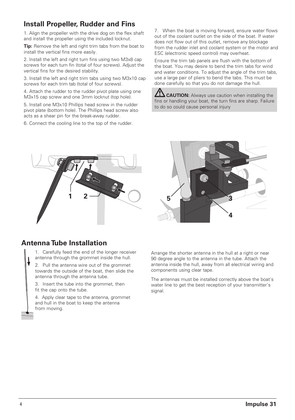 Install propeller, rudder and fins, Antenna tube installation | Pro Boat PRB4250B User Manual | Page 4 / 20