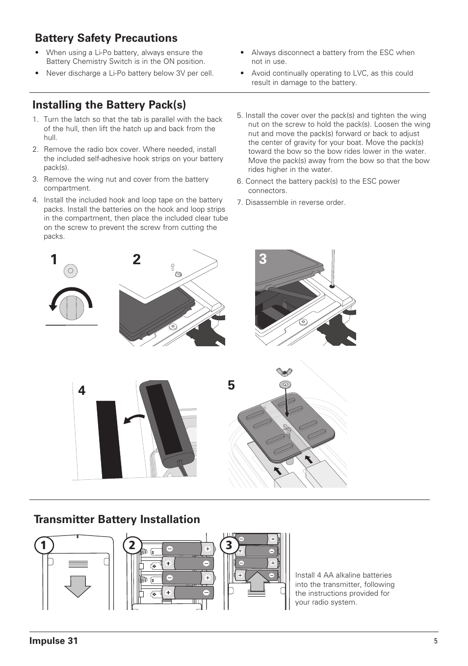 Installing the battery pack(s), Transmitter battery installation, Battery safety precautions | Pro Boat PRB4250B User Manual | Page 5 / 20
