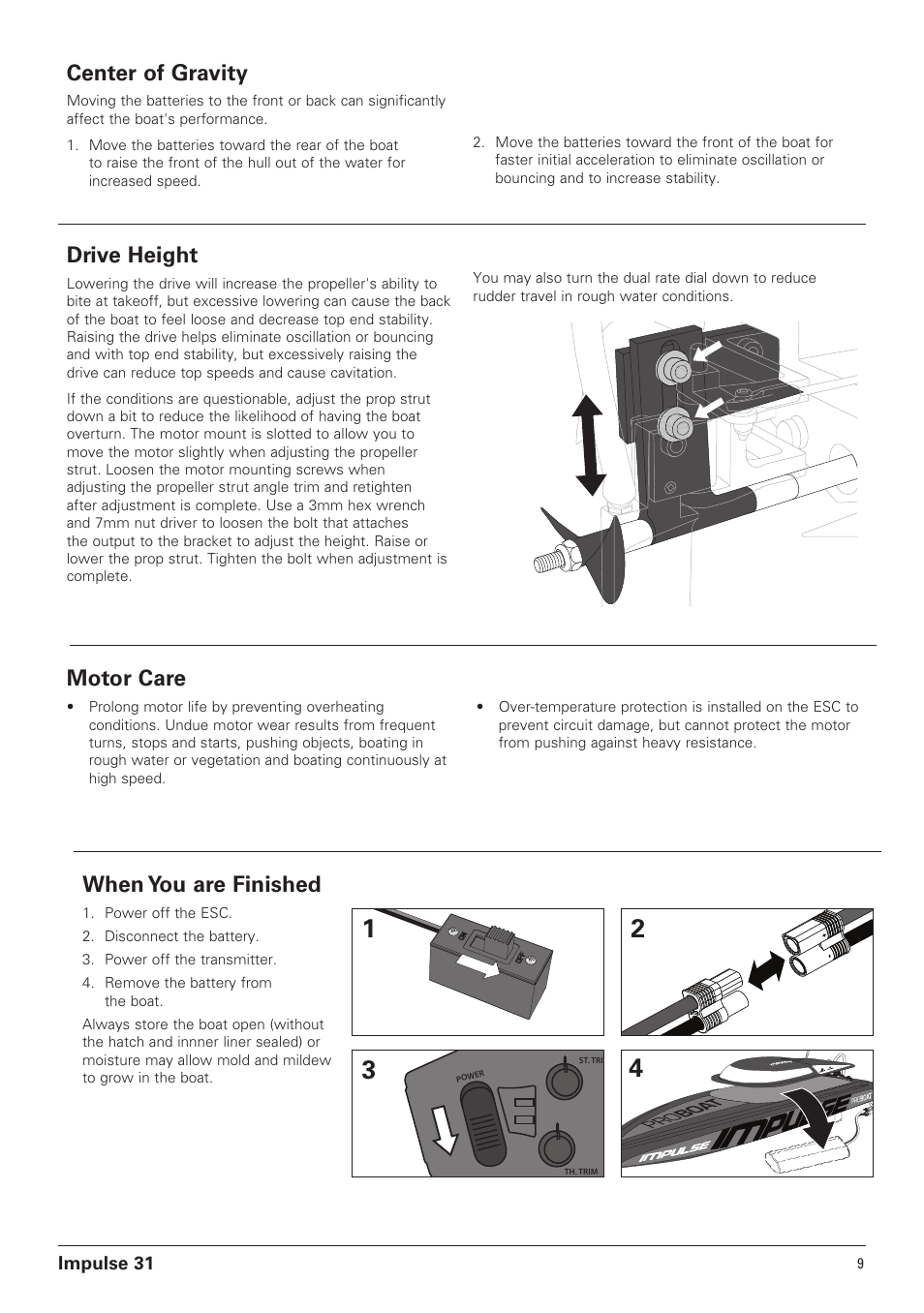 Center of gravity, Drive height, Motor care | When you are finished | Pro Boat PRB4250B User Manual | Page 9 / 20