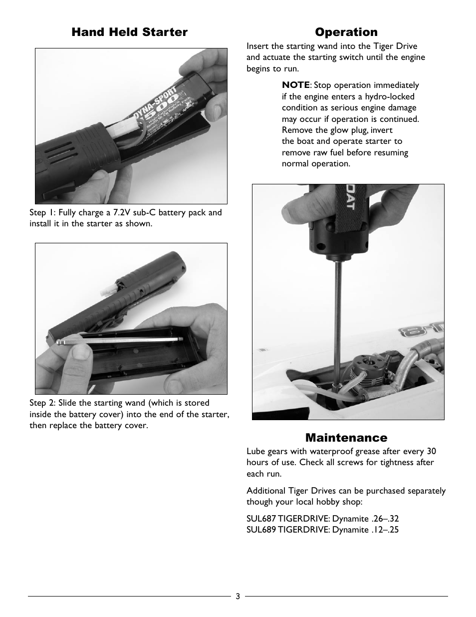 Hand held starter, Operation, Maintenance | Pro Boat PRB8100 User Manual | Page 3 / 4