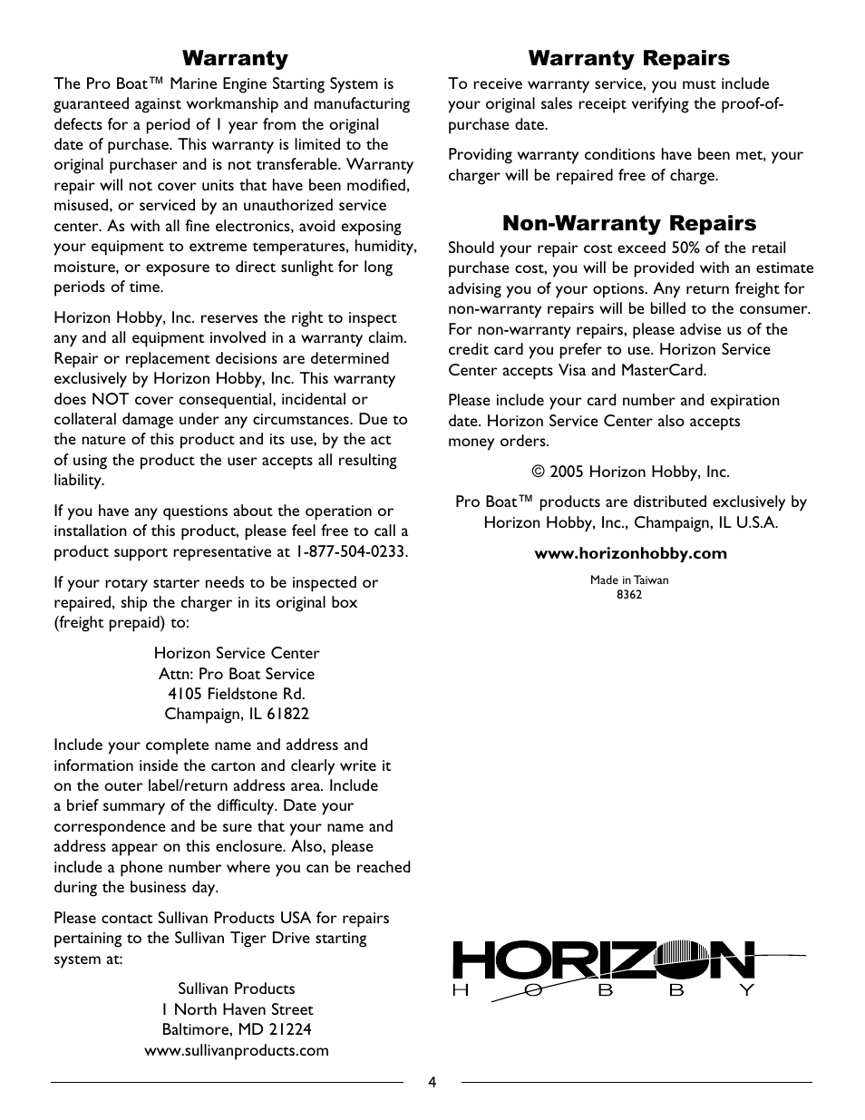 Warranty, Warranty repairs, Non-warranty repairs | Pro Boat PRB8100 User Manual | Page 4 / 4