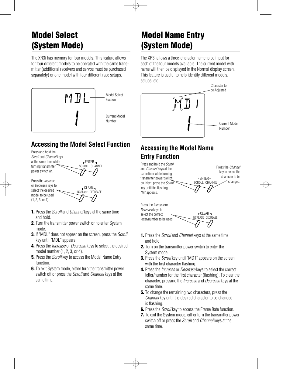 Accessing the model select function, Accessing the model name entry function | Pro Boat JR XR3i User Manual | Page 14 / 40