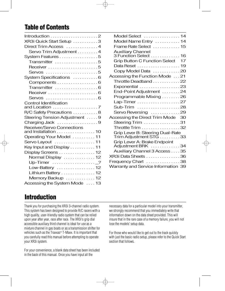 Table of contents introduction | Pro Boat JR XR3i User Manual | Page 2 / 40