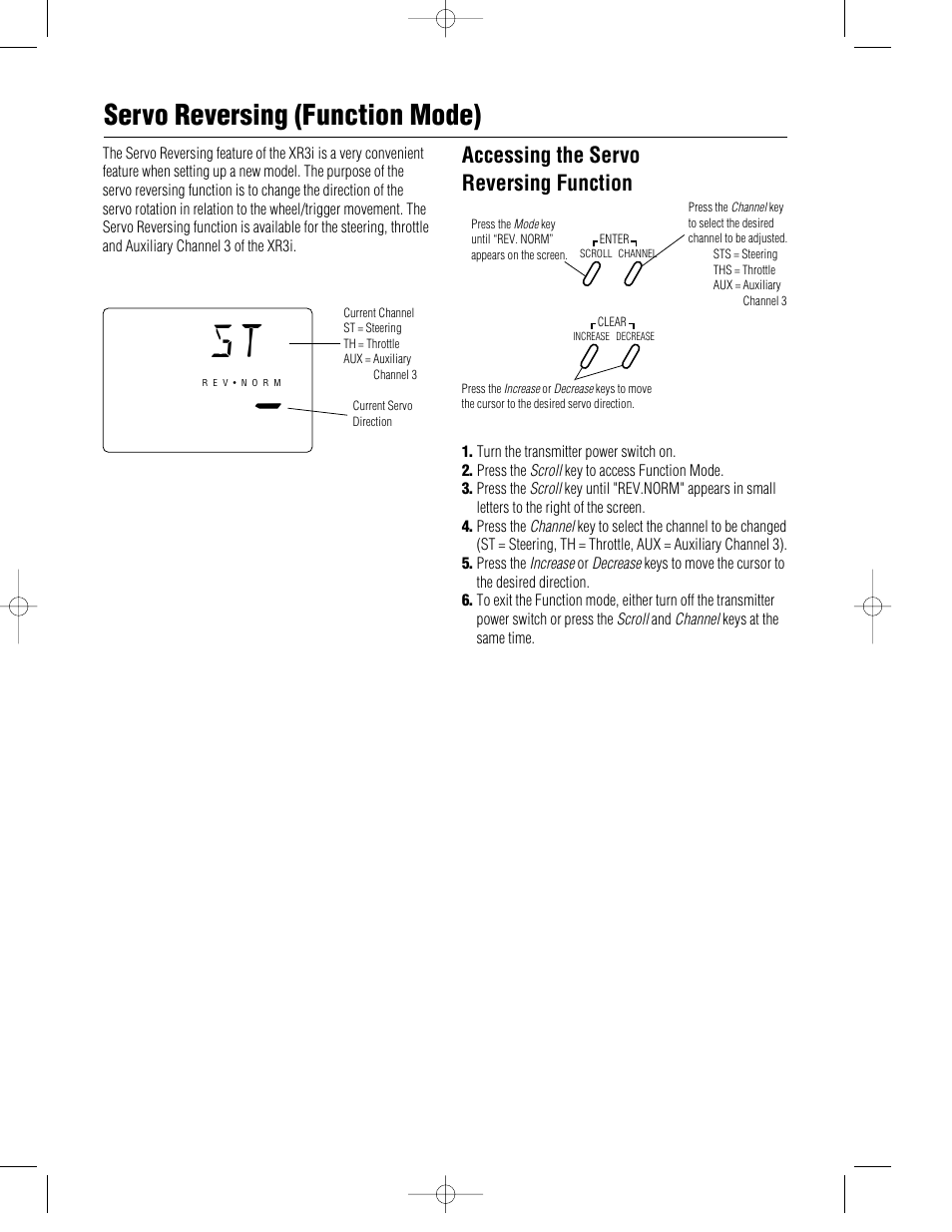 Servo reversing (function mode), Accessing the servo reversing function | Pro Boat JR XR3i User Manual | Page 29 / 40