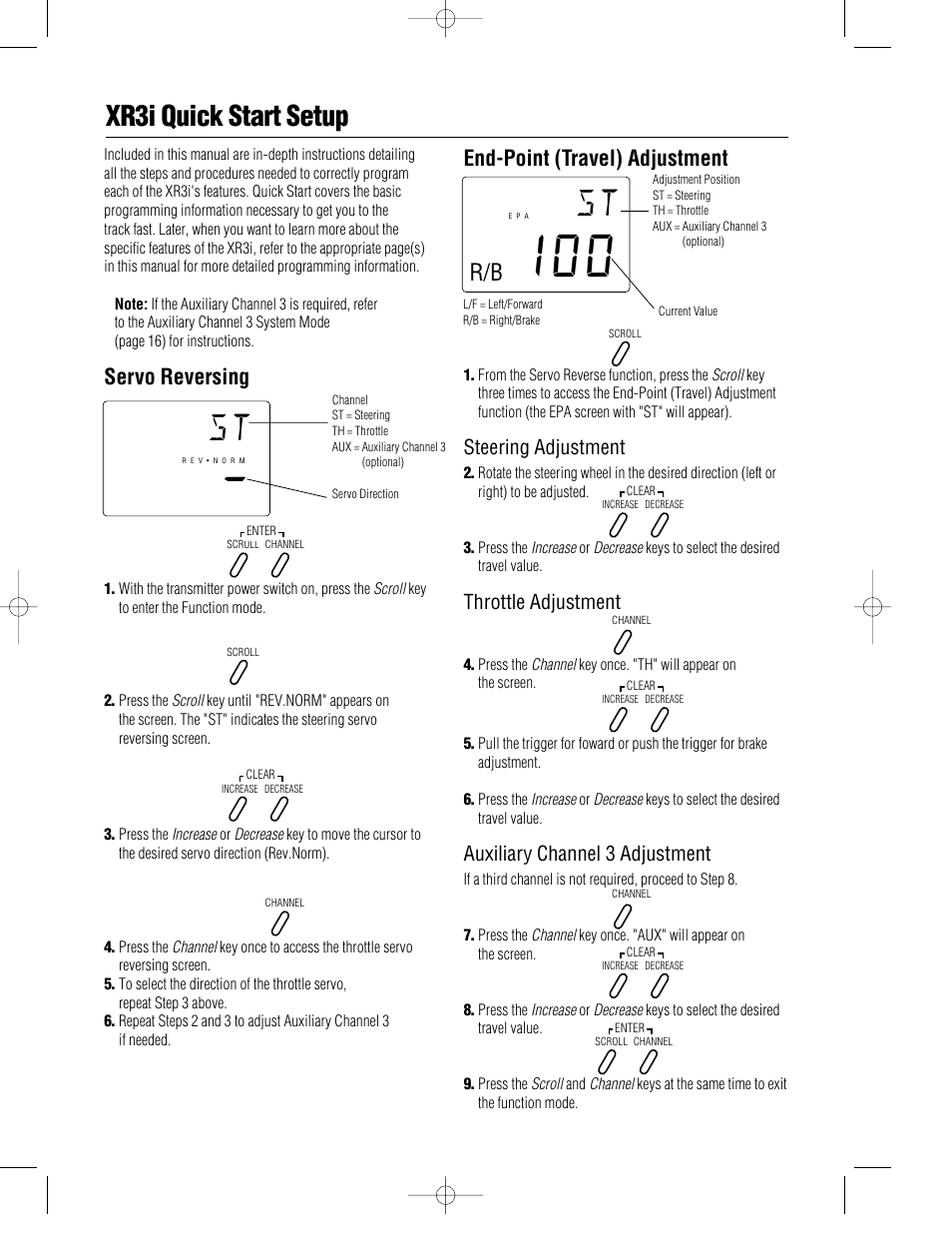 Xr3i quick start setup, Servo reversing, End-point (travel) adjustment | Steering adjustment, Throttle adjustment, Auxiliary channel 3 adjustment | Pro Boat JR XR3i User Manual | Page 3 / 40