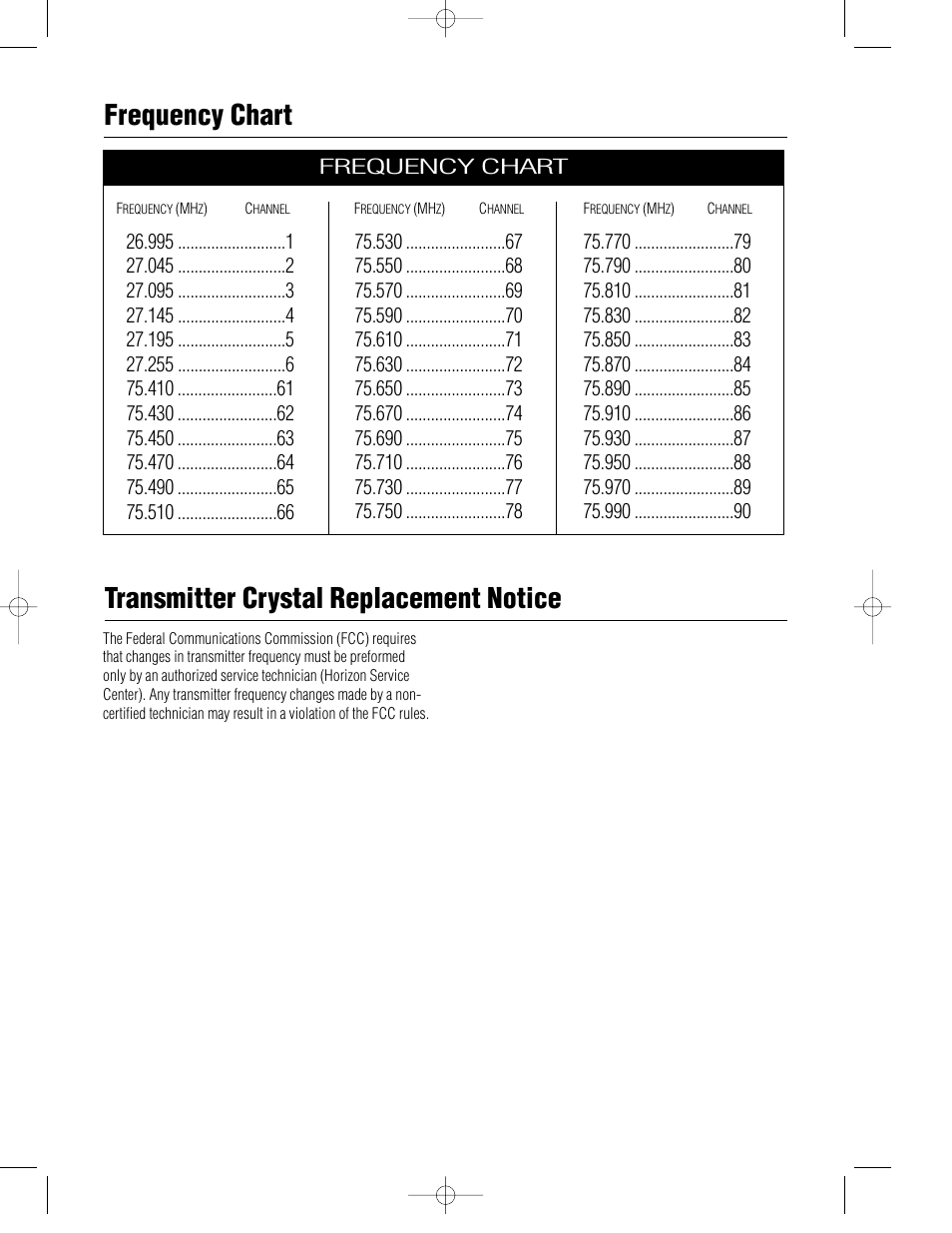 Frequency chart, Transmitter crystal replacement notice | Pro Boat JR XR3i User Manual | Page 38 / 40