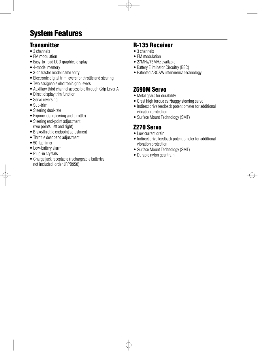 System features, Transmitter, R-135 receiver | Z590m servo, Z270 servo | Pro Boat JR XR3i User Manual | Page 5 / 40