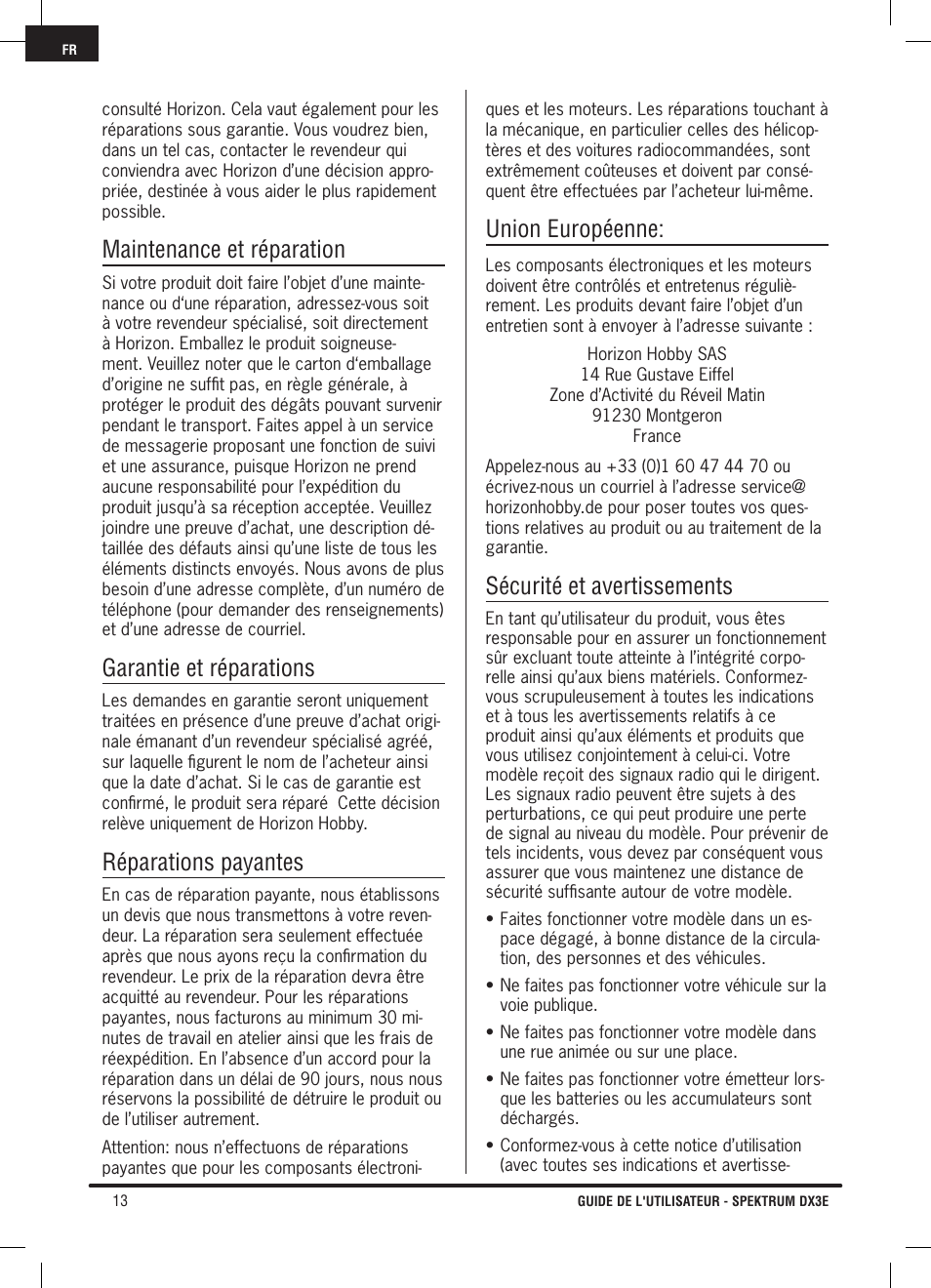 Maintenance et réparation, Garantie et réparations, Réparations payantes | Union européenne, Sécurité et avertissements | Pro Boat DX3E User Manual | Page 46 / 68