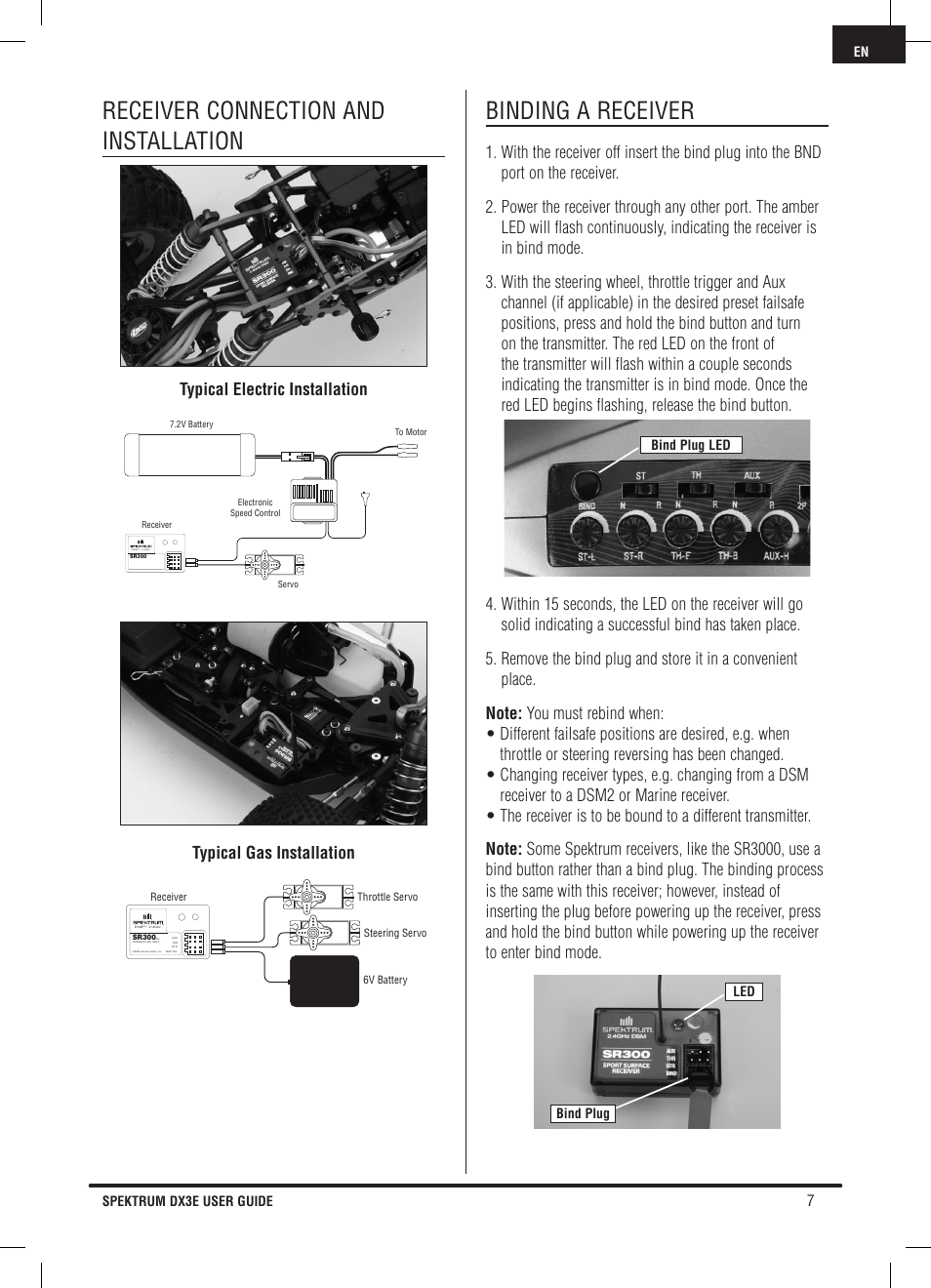 Receiver connection and installation, Binding a receiver, Typical electric installation | Typical gas installation | Pro Boat DX3E User Manual | Page 7 / 68
