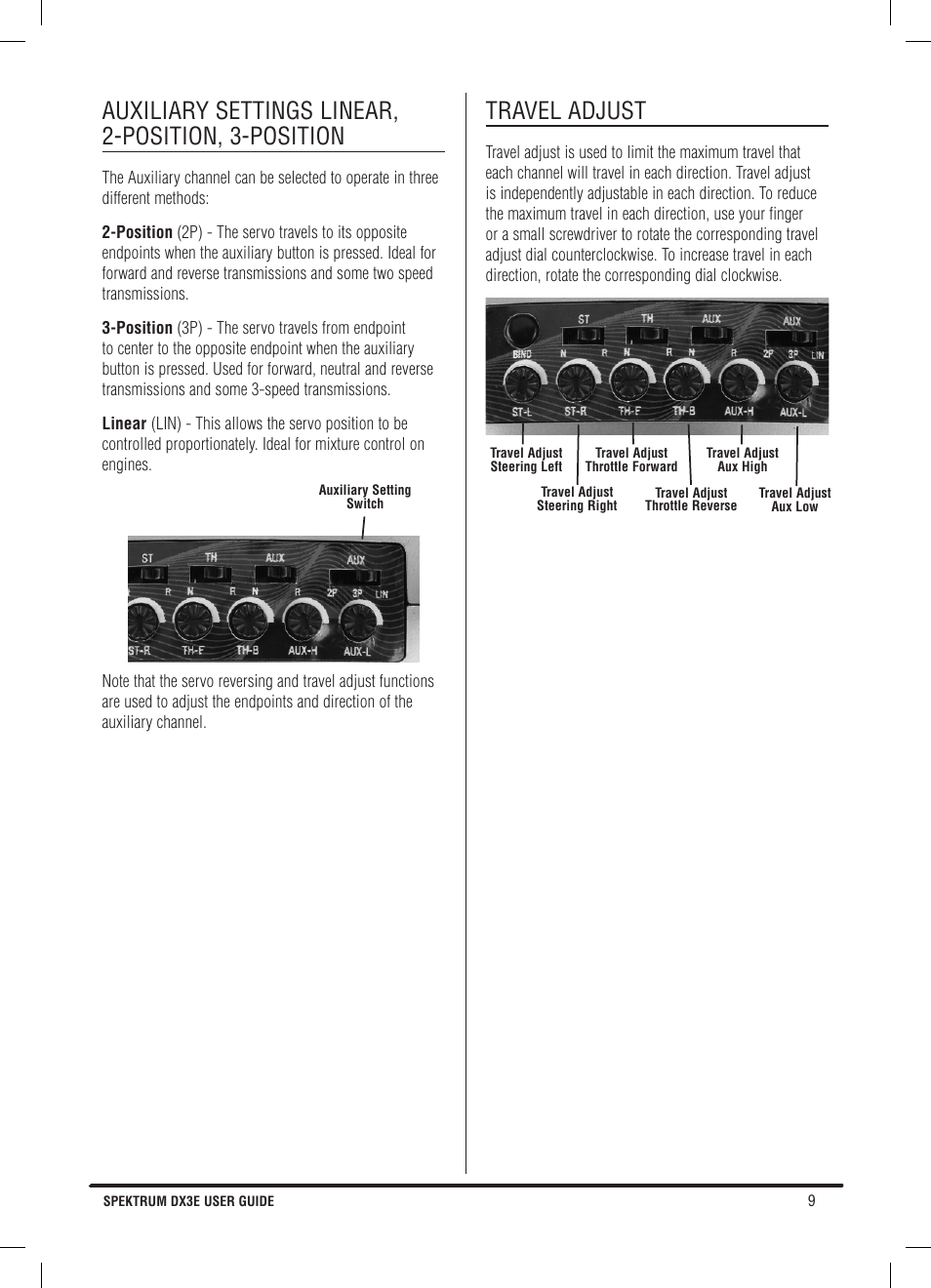 Auxiliary settings linear, 2-position, 3-position, Travel adjust | Pro Boat DX3E User Manual | Page 9 / 68