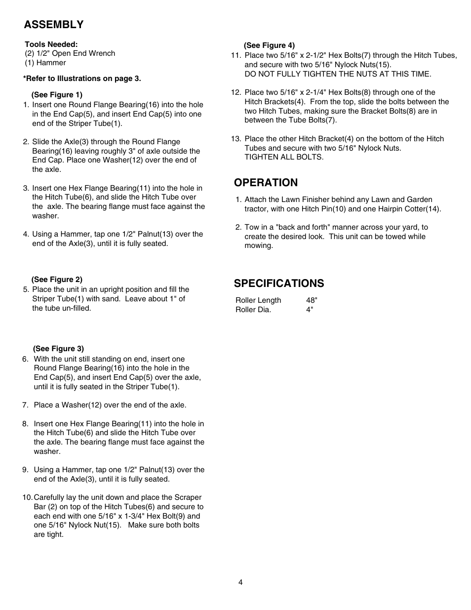 Assembly operation, Specifications | Craftsman 486.24539 User Manual | Page 4 / 6