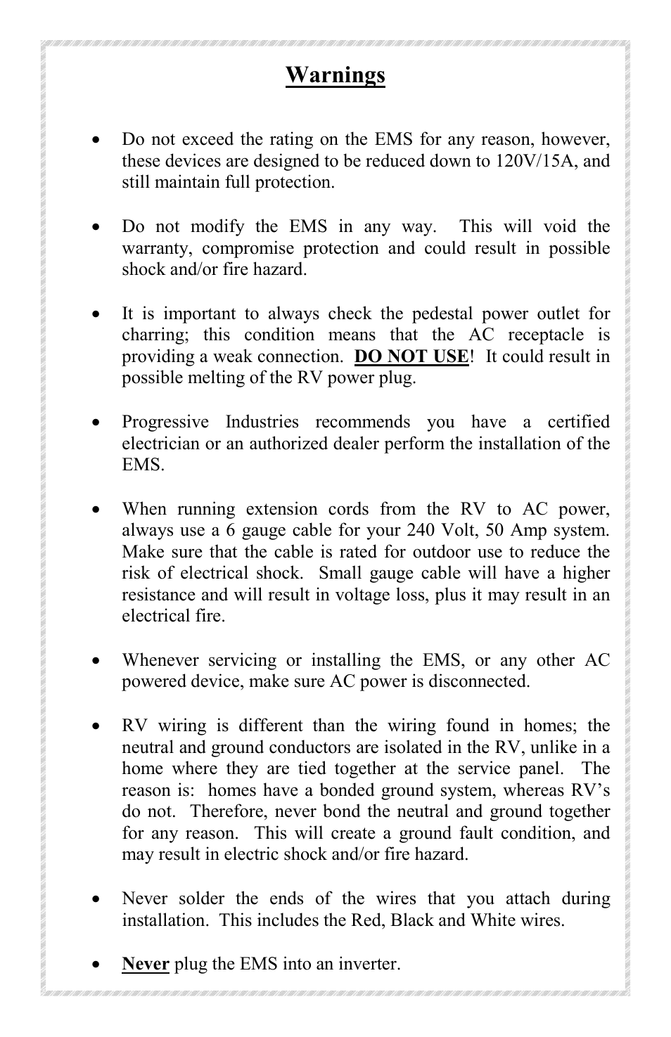 Warnings | Progressive Industries EMS-LCHW50 User Manual | Page 3 / 12