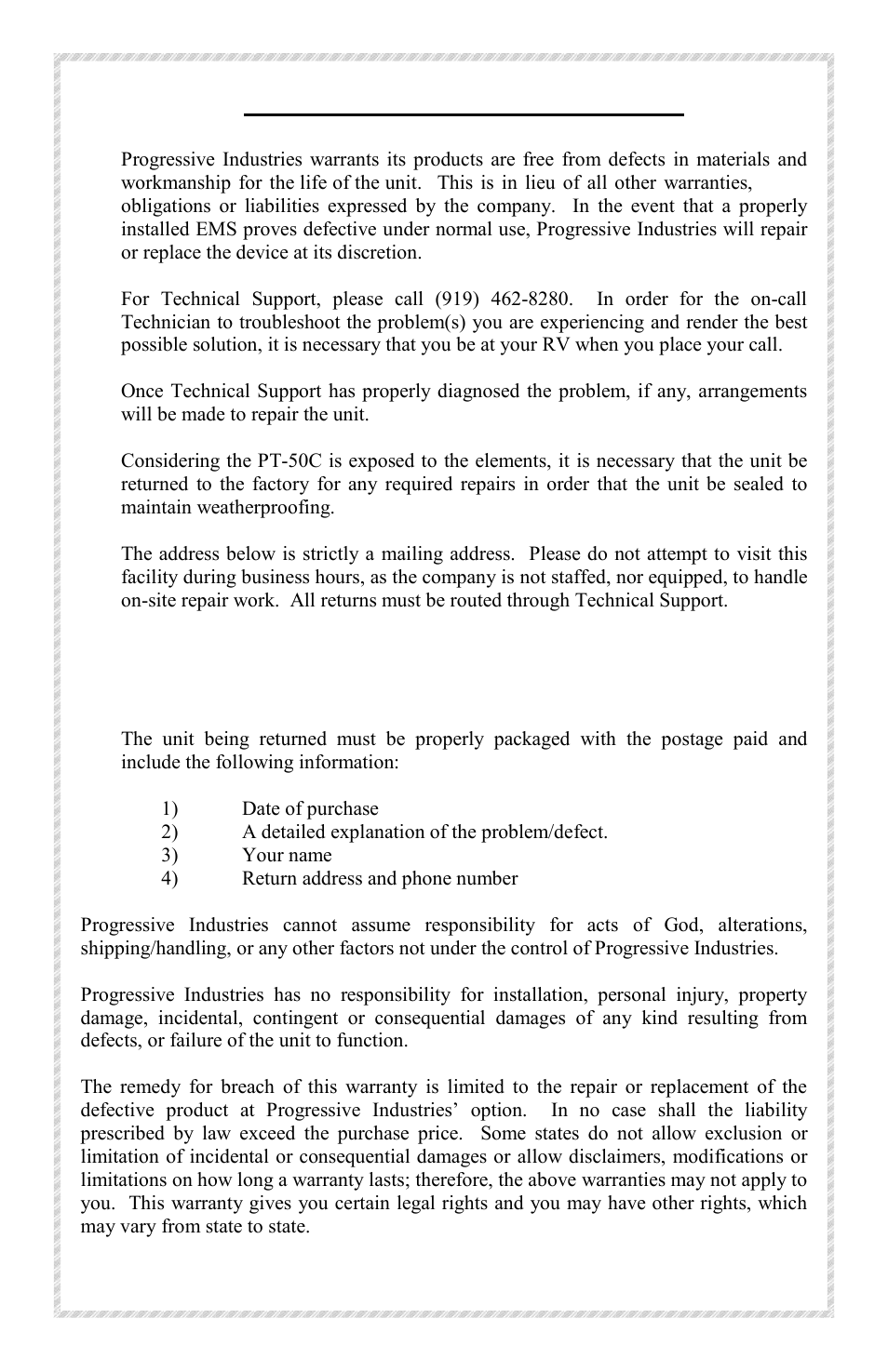 Progressive industries warranty | Progressive Industries EMS-PT50C User Manual | Page 7 / 7