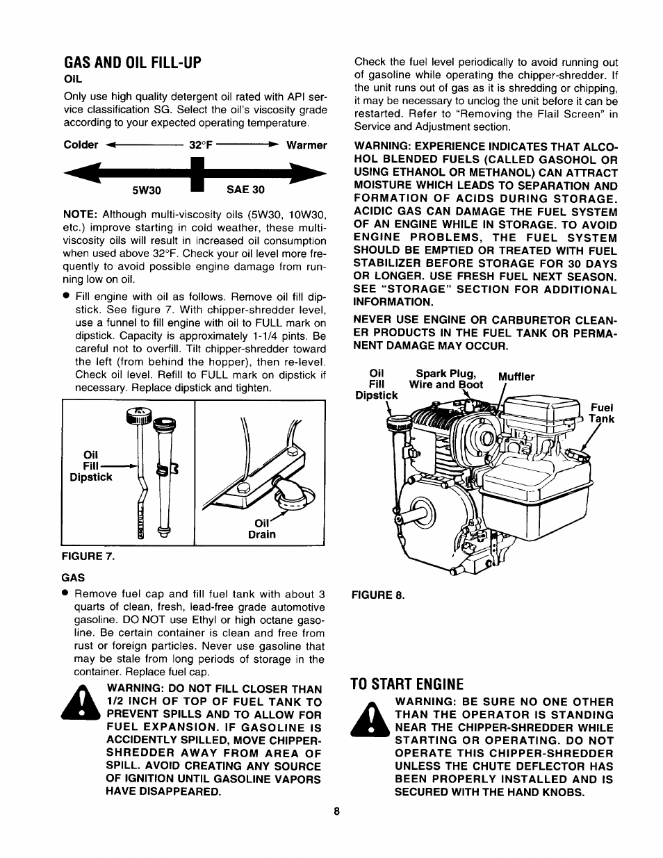 Gas and oil fill-up, To start engine | Craftsman 247.799892 User Manual | Page 8 / 21