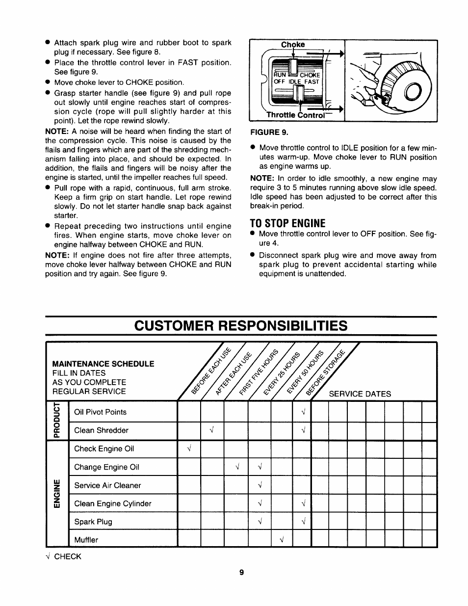 To stop engine, Customer responsibilities | Craftsman 247.799892 User Manual | Page 9 / 21