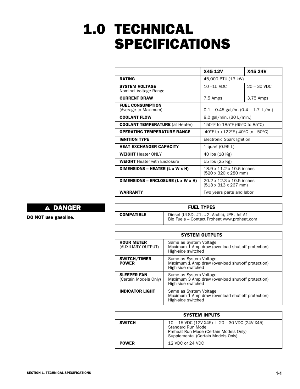 Technical specifications 1.0, Danger | Proheat X45–School Bus User Manual | Page 10 / 123