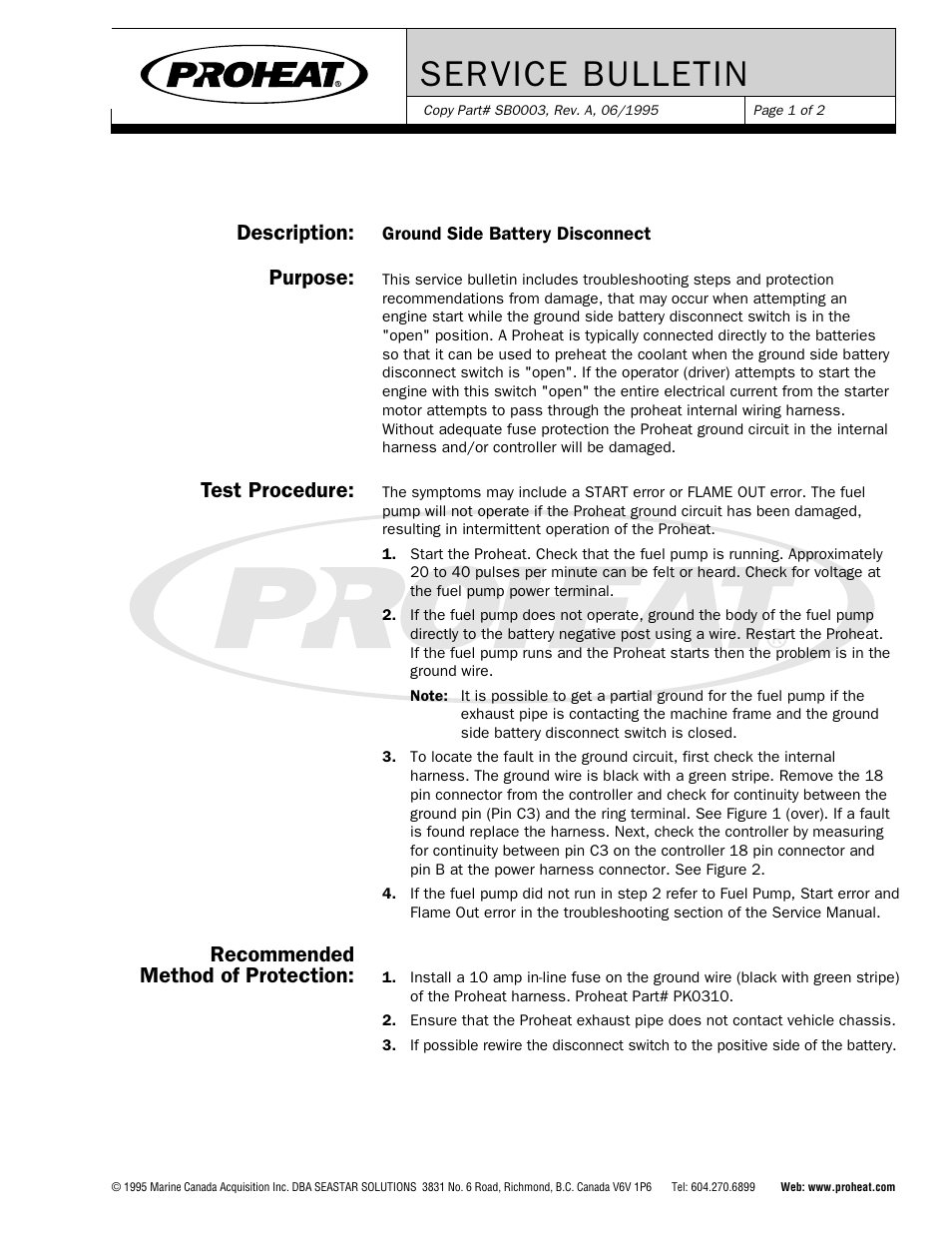 Ser vice bulletin, Description, Purpose | Test procedure, Recommended method of protection | Proheat X45–School Bus User Manual | Page 110 / 123