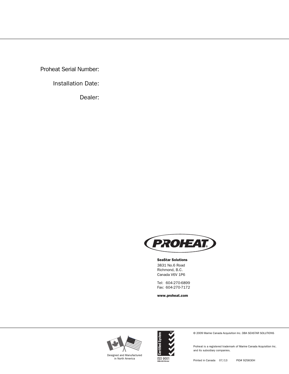 Proheat serial number: installation date: dealer | Proheat X45–School Bus User Manual | Page 123 / 123