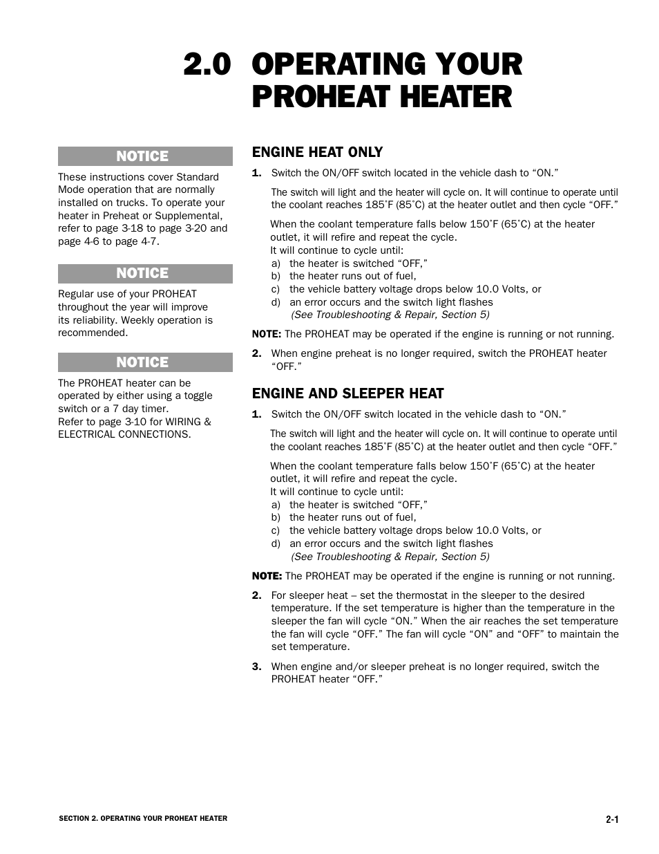 Operating your proheat heater, Engine heat only, Engine and sleeper heat | Notice | Proheat X45–School Bus User Manual | Page 20 / 123