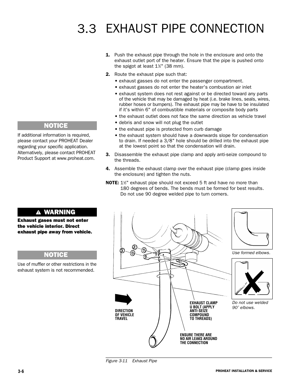 Exhaust pipe connection, Warning, Notice | Proheat X45–School Bus User Manual | Page 27 / 123