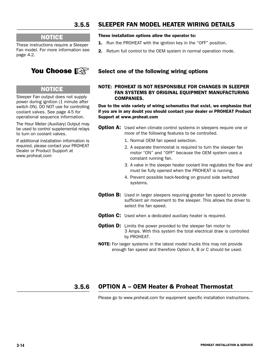 You choose, Sleeper fan model heater wiring details, 5 option a – oem heater & proheat thermostat | 6 notice, Notice | Proheat X45–School Bus User Manual | Page 35 / 123