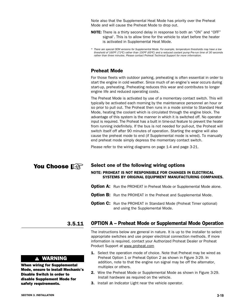 You choose, 11 warning, Preheat mode | Select one of the following wiring options | Proheat X45–School Bus User Manual | Page 40 / 123