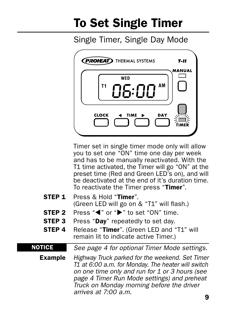 Single timer, single day mode | Proheat T-II User Manual | Page 11 / 23