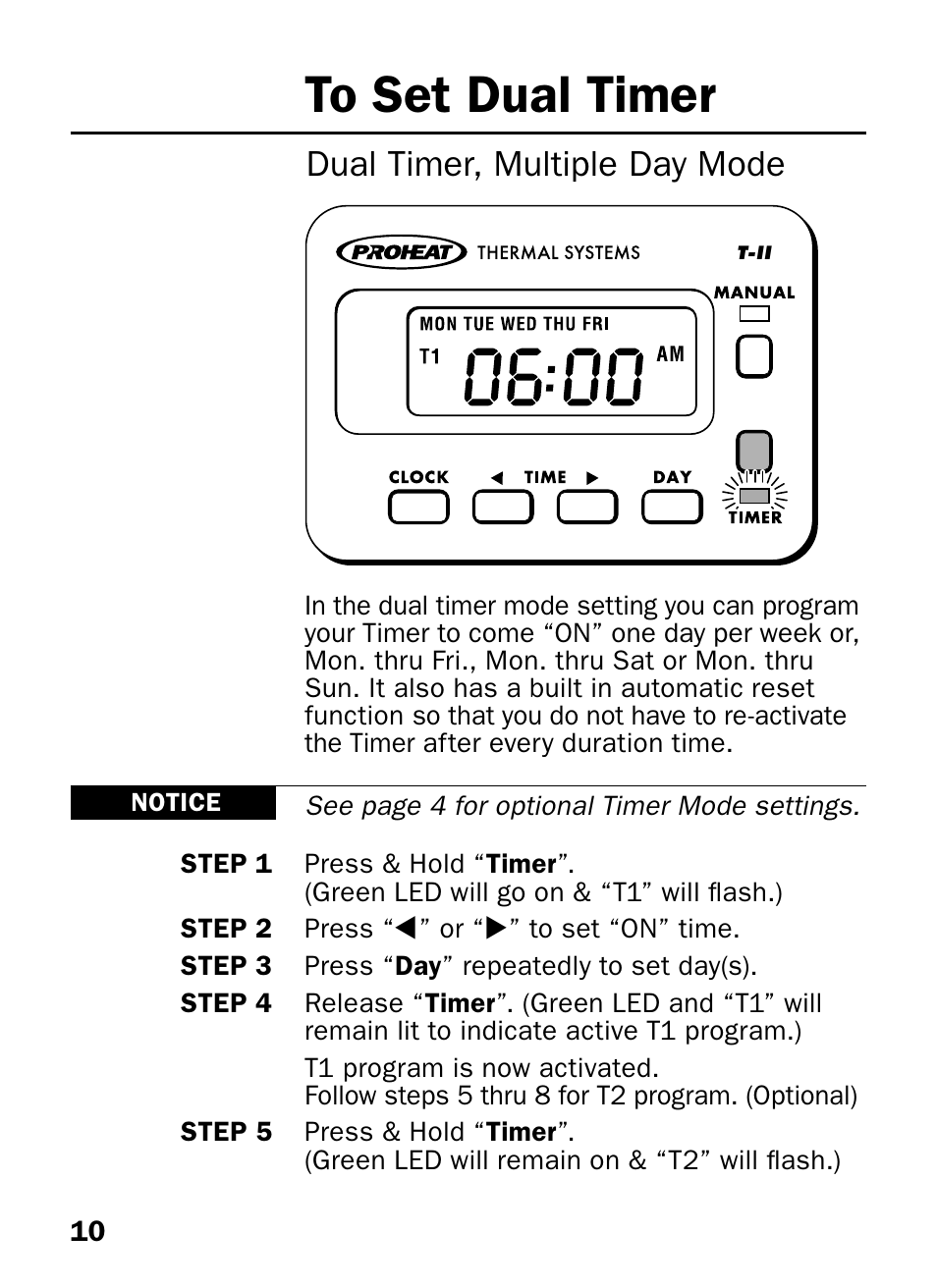 Dual timer, multiple day mode | Proheat T-II User Manual | Page 12 / 23