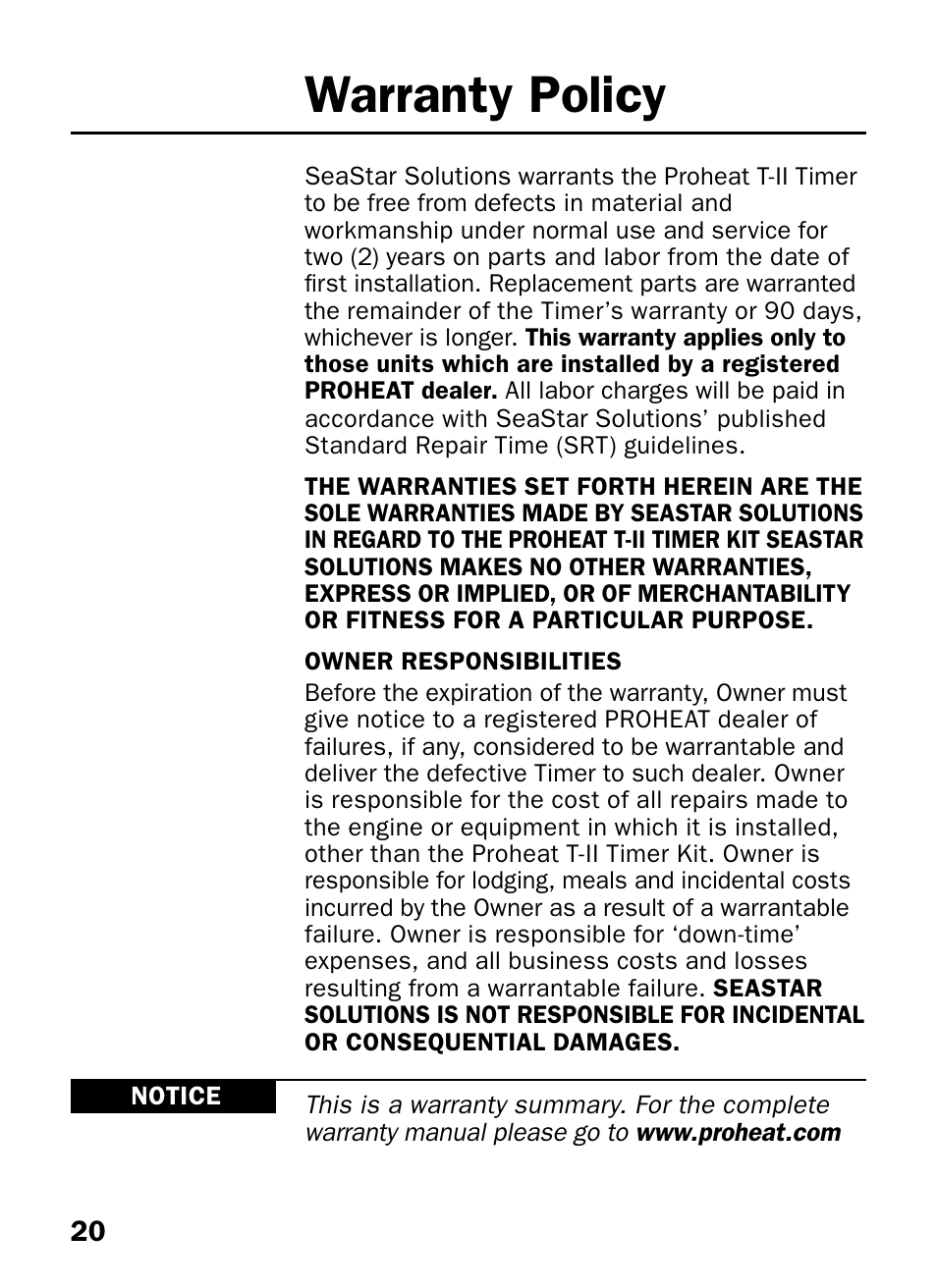 Warranty policy | Proheat T-II User Manual | Page 22 / 23