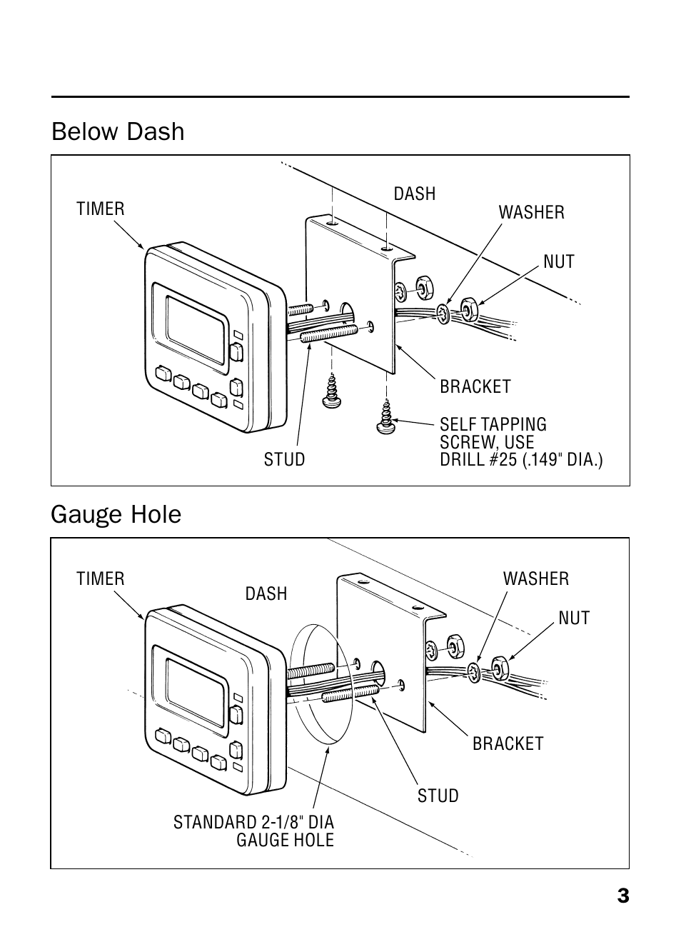 Below dash, Gauge hole | Proheat T-II User Manual | Page 5 / 23