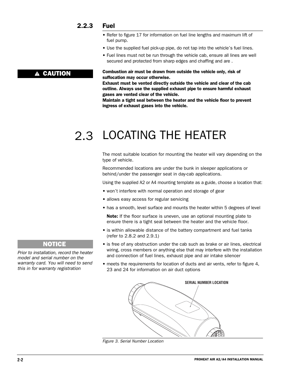 Locating the heater, Fuel, 3 caution notice | Proheat A4 User Manual | Page 12 / 44
