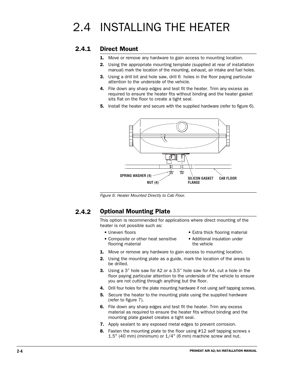Installing the heater, Direct mount, Optional mounting plate | Proheat A4 User Manual | Page 14 / 44