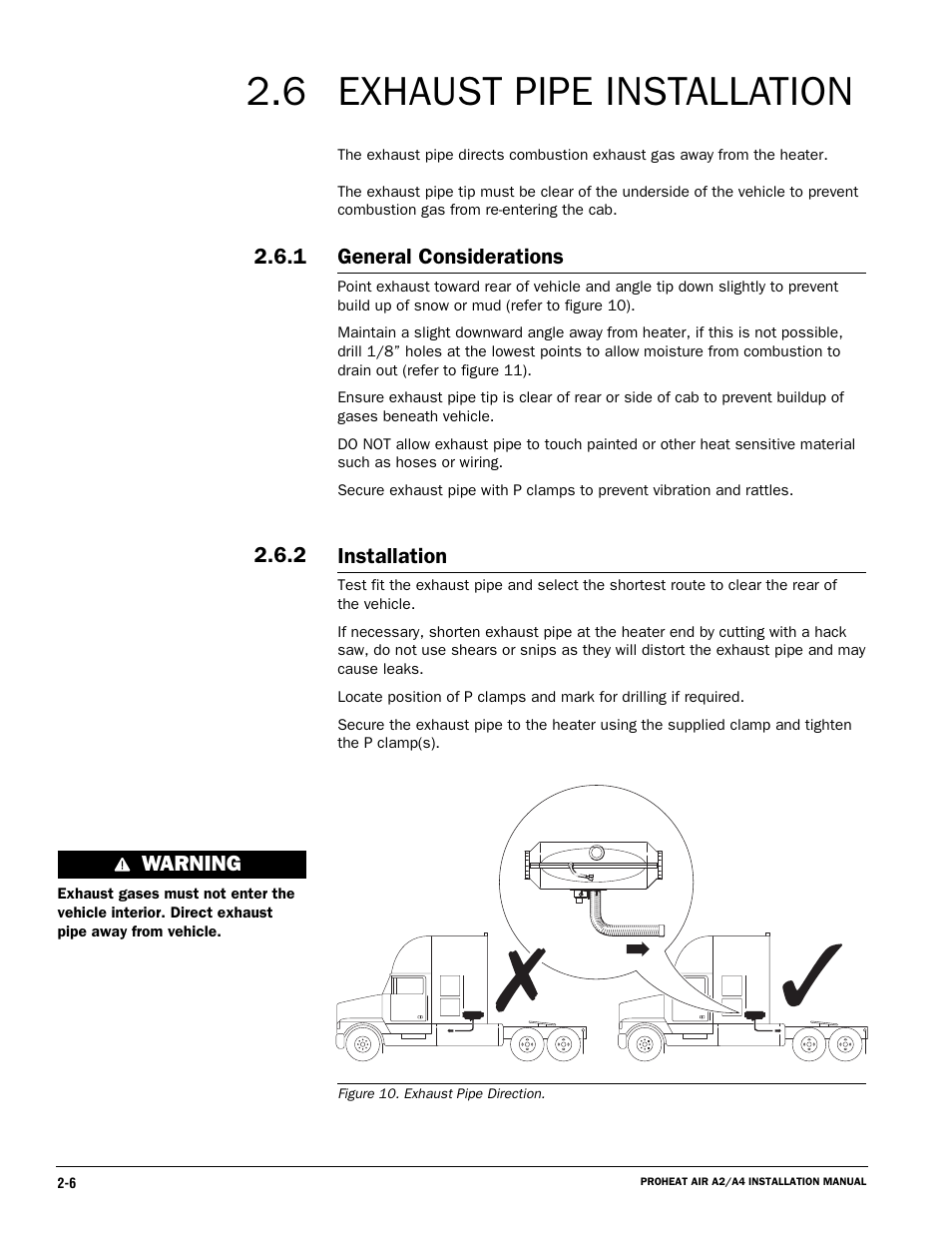 Exhaust pipe installation, General considerations, Installation | Warning | Proheat A4 User Manual | Page 16 / 44
