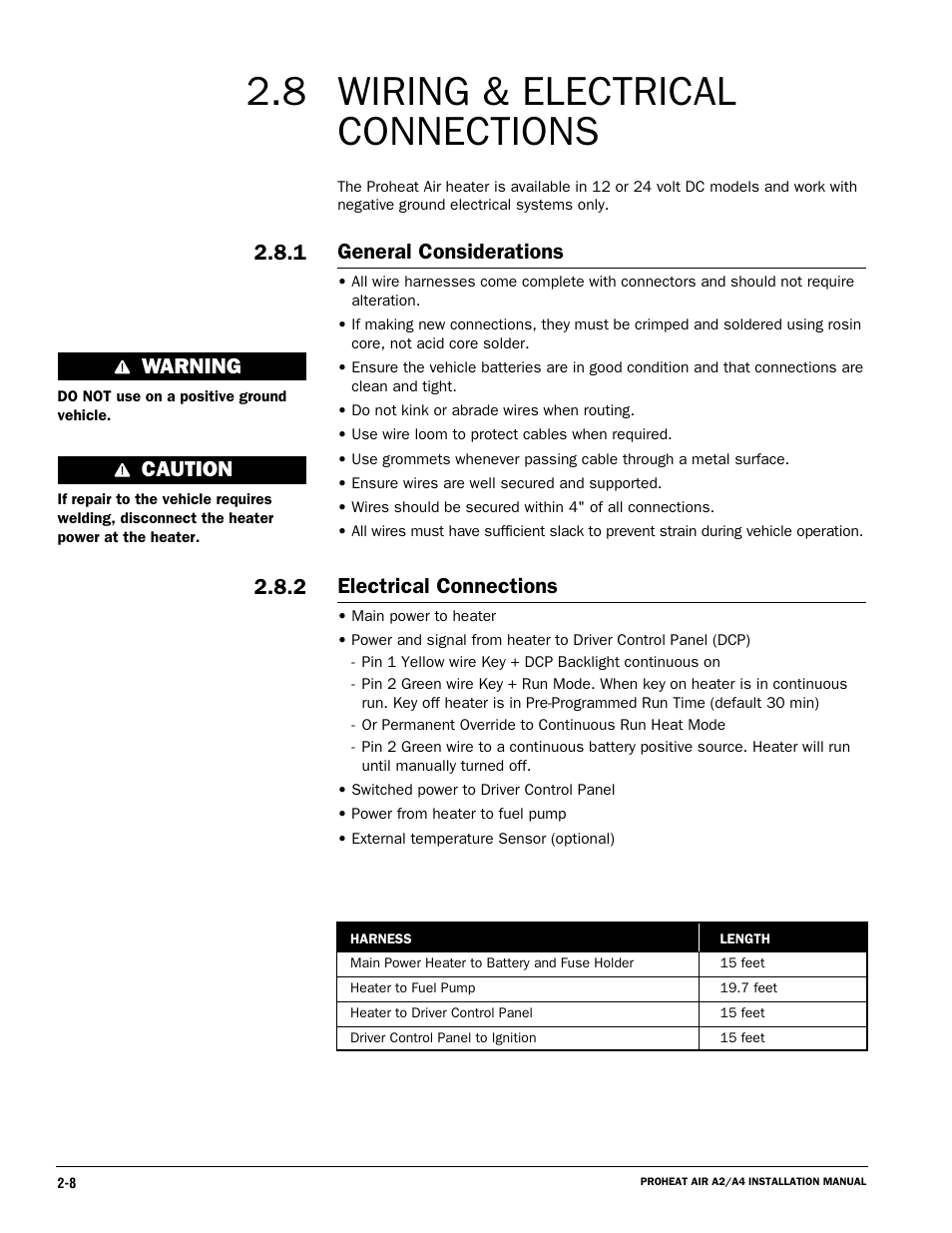 8 wiring & electrical connections, General considerations, Electrical connections | 1 2.8.2 warning, Caution | Proheat A4 User Manual | Page 18 / 44