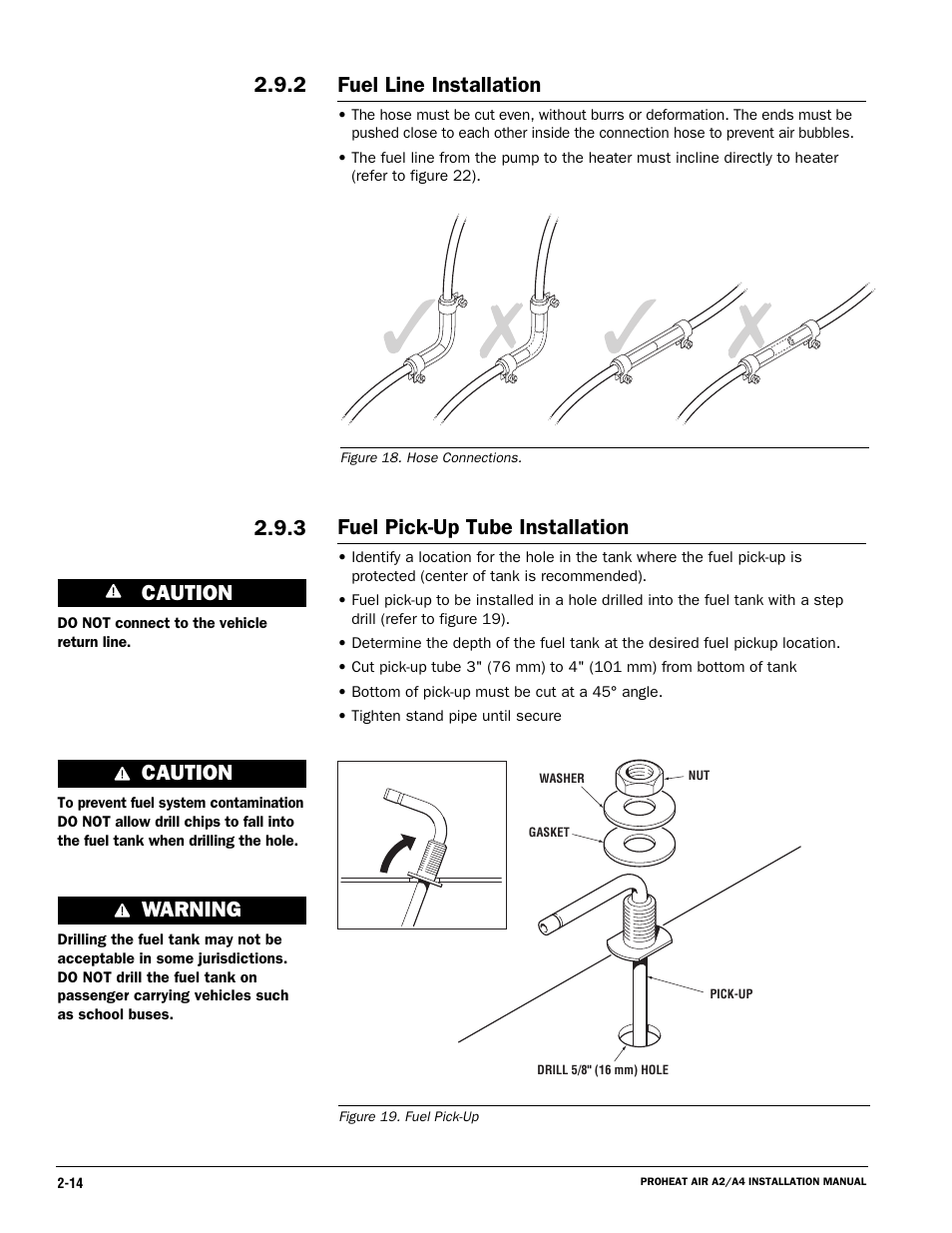 Fuel line installation, 2 fuel pick-up tube installation, Caution | Warning | Proheat A4 User Manual | Page 24 / 44