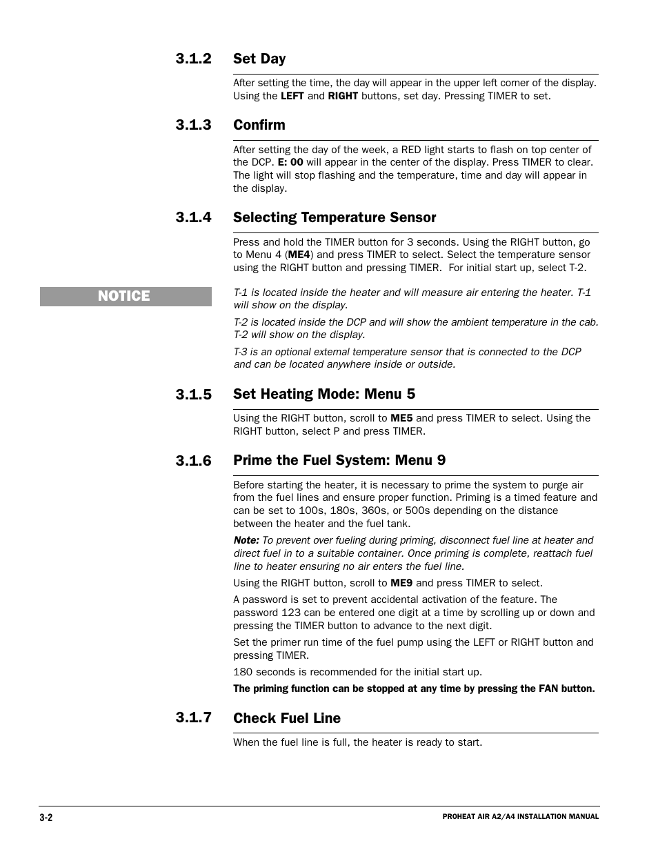 Confirm, Selecting temperature sensor, Set heating mode: menu 5 | Prime the fuel system: menu 9, Check fuel line | Proheat A4 User Manual | Page 30 / 44