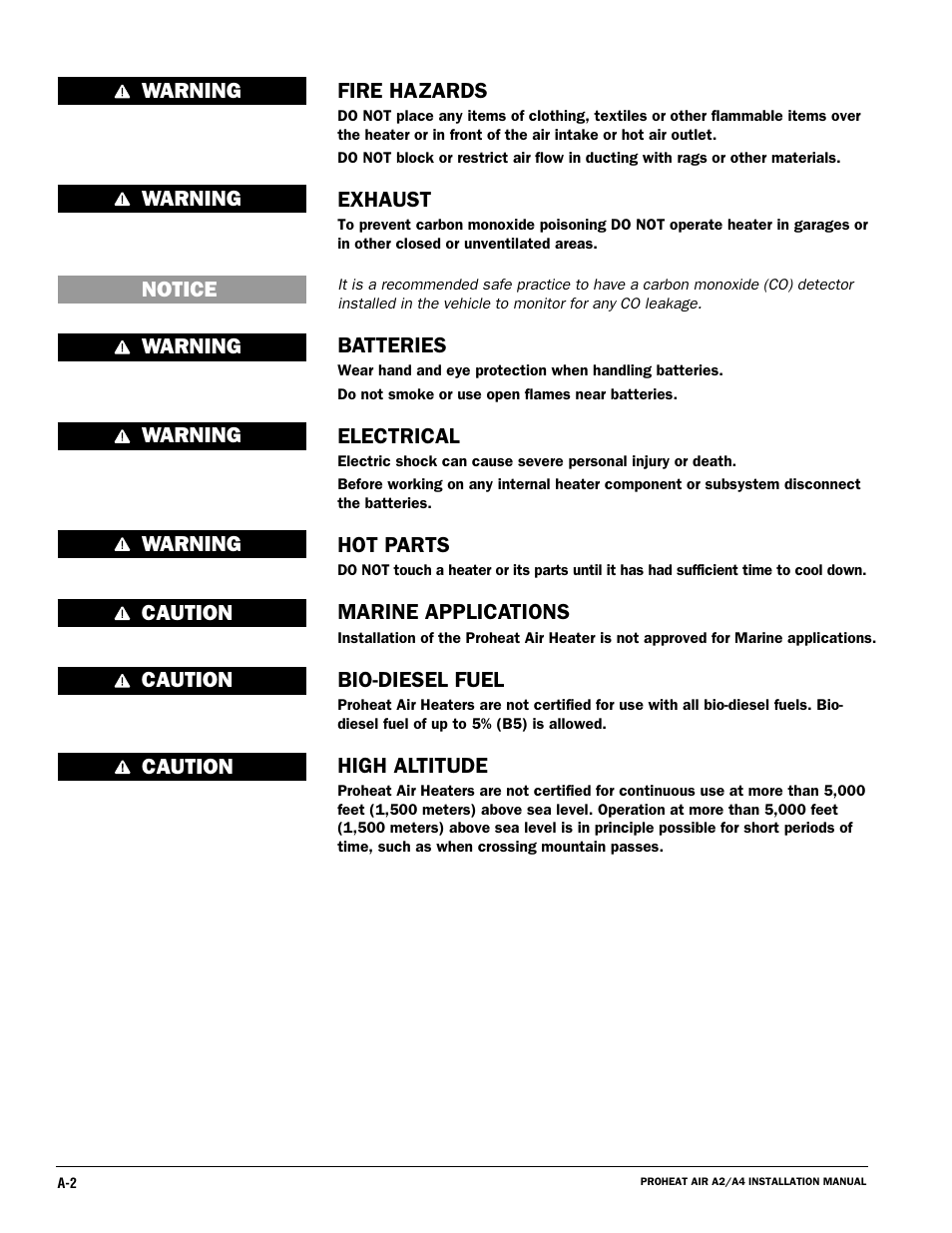 Fire hazards, Exhaust, Batteries | Electrical, Hot parts, Marine applications, Bio-diesel fuel, High altitude, Warning, Warning caution caution caution notice | Proheat A4 User Manual | Page 4 / 44
