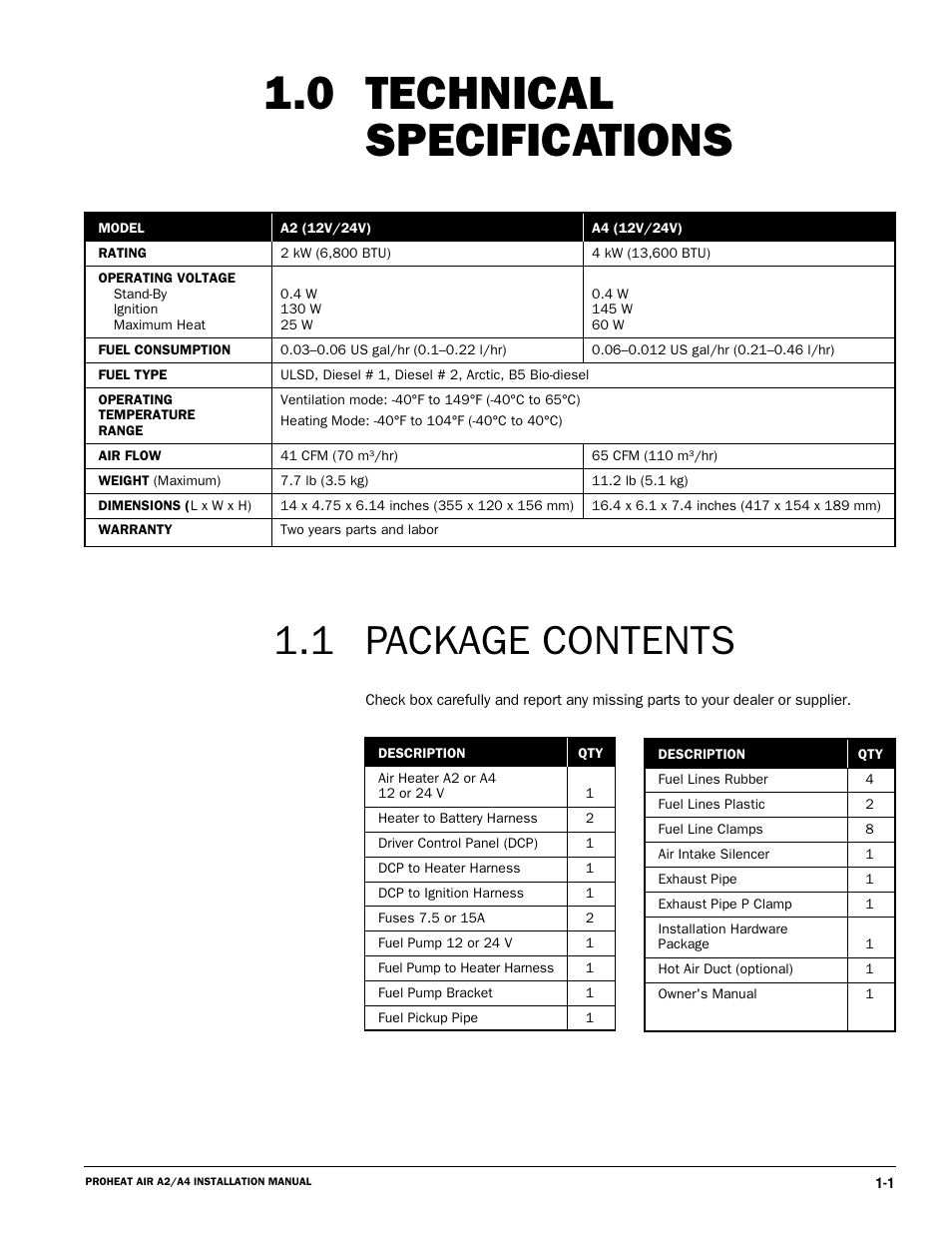 Technical specifications, Package contents 1.1 | Proheat A4 User Manual | Page 7 / 44