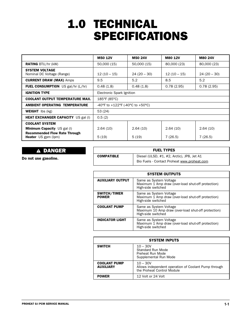 Technical specifications 1.0, Danger | Proheat M80 User Manual | Page 14 / 86