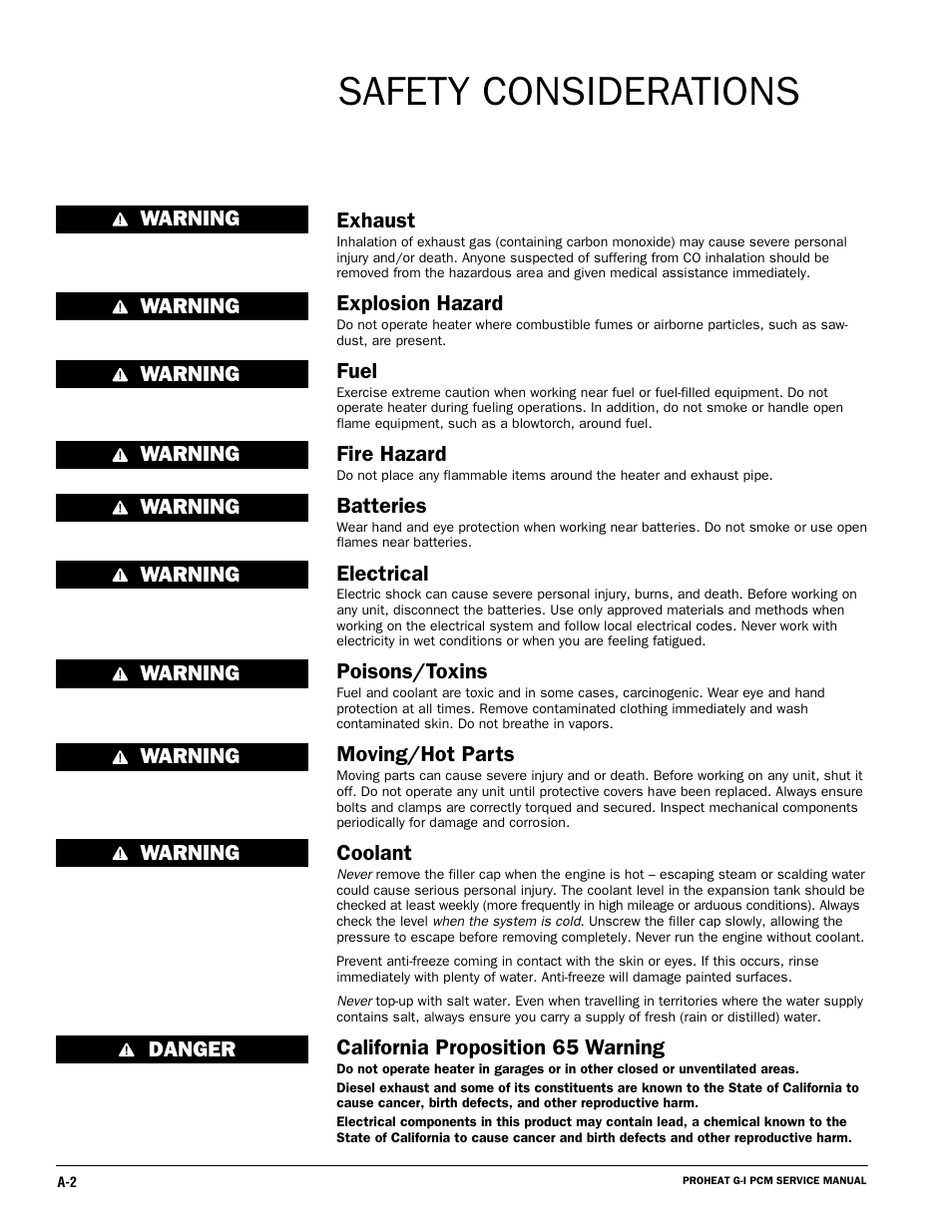 Safety considerations, Exhaust, Explosion hazard | Fuel, Fire hazard, Batteries, Electrical, Poisons/toxins, Moving/hot parts, Coolant | Proheat M80 User Manual | Page 5 / 86
