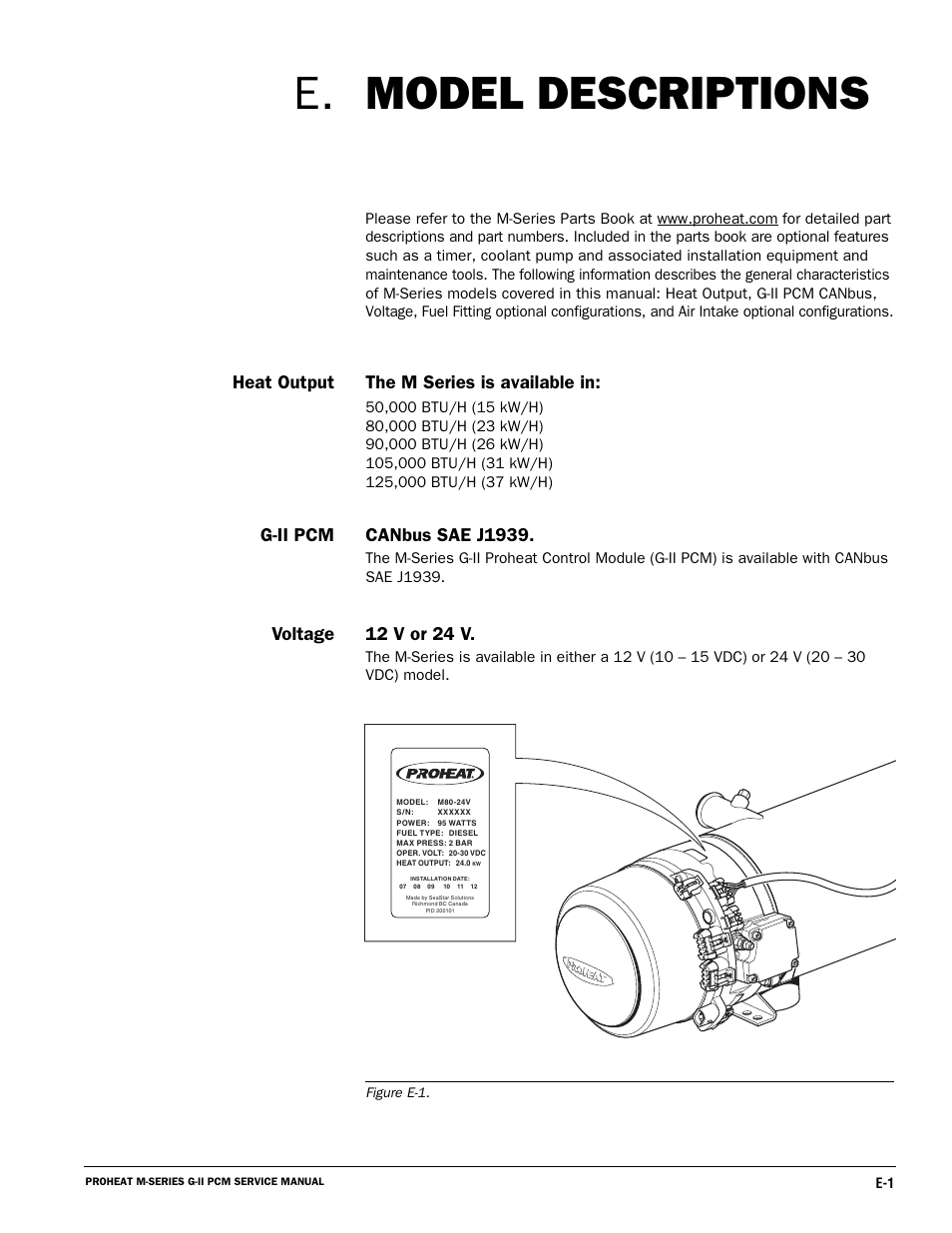 Model descriptions e, G-ii pcm 12 v or 24 v, Voltage | Proheat M125 User Manual | Page 12 / 90