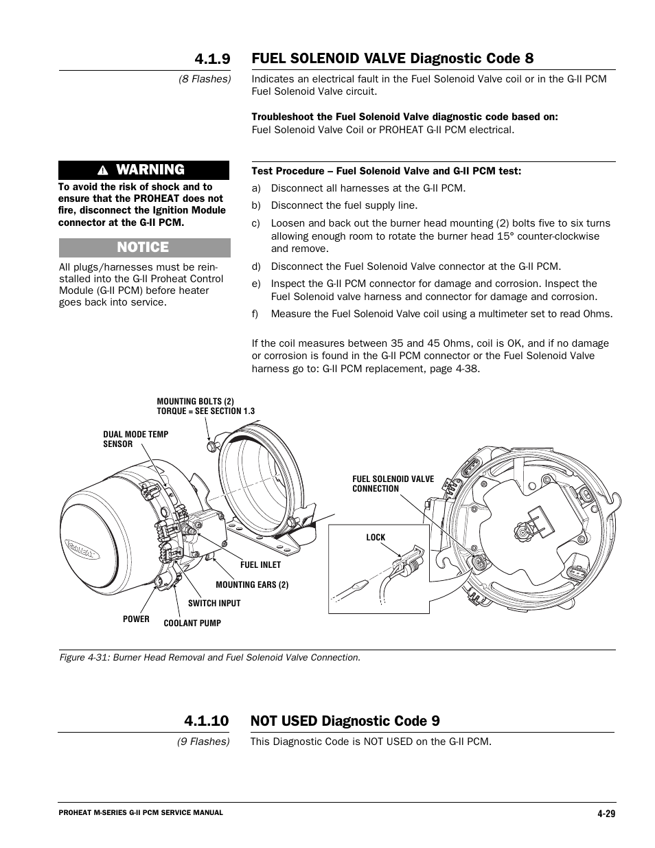 Warning, Fuel solenoid valve diagnostic code 8, Notice | Not used diagnostic code 9 | Proheat M125 User Manual | Page 66 / 90