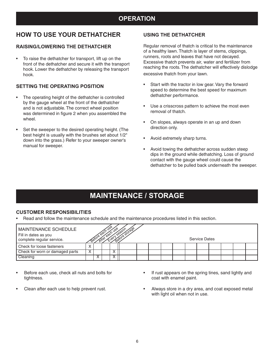 Maintenance / storage, Operation how to use your dethatcher | Craftsman 486.24219 User Manual | Page 6 / 8